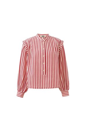 Rood-witte gestreepte blouse met een ronde hals, knoopsluiting en gerimpelde schouderaccenten. Gemaakt van lichte stof met luchtige mouwen.