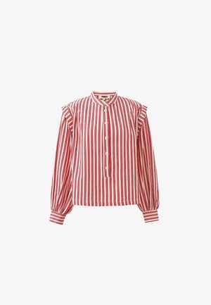 Rood-witte gestreepte blouse met een ronde hals, knoopsluiting en gerimpelde schouderaccenten. Gemaakt van lichte stof met luchtige mouwen.