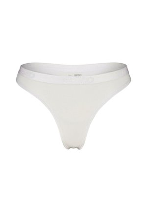 Weißer Baumwoll-Thong mit weichem Bund und einem subtilen gemusterten Akzent. Minimalistisches Design, glatte Textur und leichtes Material.