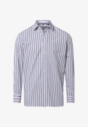 Męska koszula na długi rękaw na guziki w kratę w odcieniach niebieskiego, białego i czerwonego, z klasycznym kołnierzykiem.