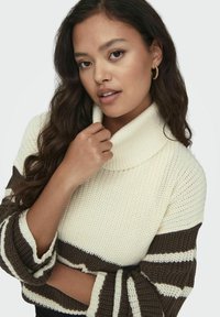 Maglione lavorato a maglia con un corpo crema e maniche a righe texturate in marrone e bianco, colletto alto e vestibilità morbida.