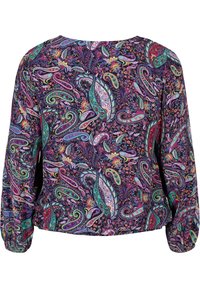 Blusa a maniche lunghe con scollo rotondo e motivo paisley multicolore su sfondo scuro; tessuto morbido con leggera elasticità.