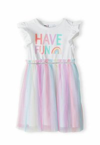 Robe blanche avec des manches courtes à volants, avec l'inscription "AMUSE-TOI" en lettres colorées et un accent arc-en-ciel. Jupe en tulle aux couleurs pastel. Taille élastique.