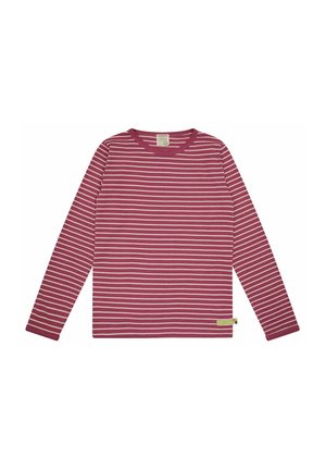 Langarmshirt in Burgunderrot mit weißen horizontalen Streifen. Verfügt über einen Rundhalsausschnitt und ein kleines Etikett unten links. Aus weichem Baumwollmaterial.