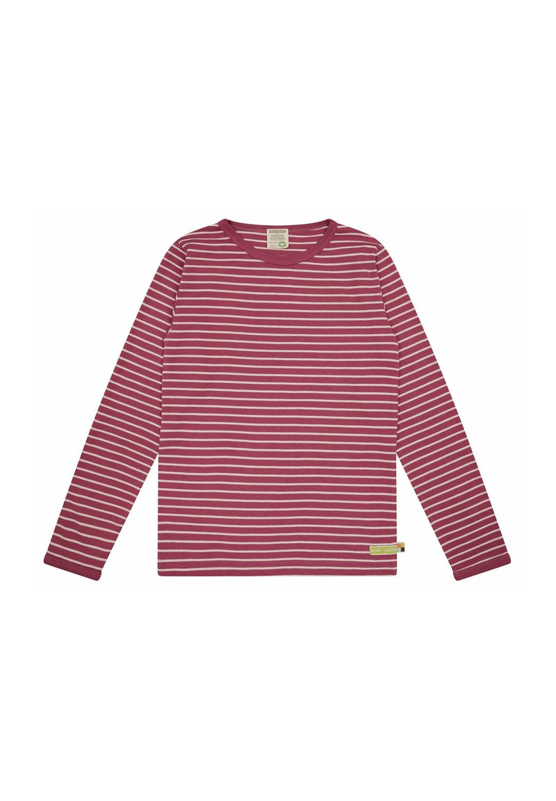 Camicia a maniche lunghe di colore bordeaux con righe orizzontali bianche. Presenta un collo a giro e una piccola etichetta in basso a sinistra. Materiale in cotone morbido.