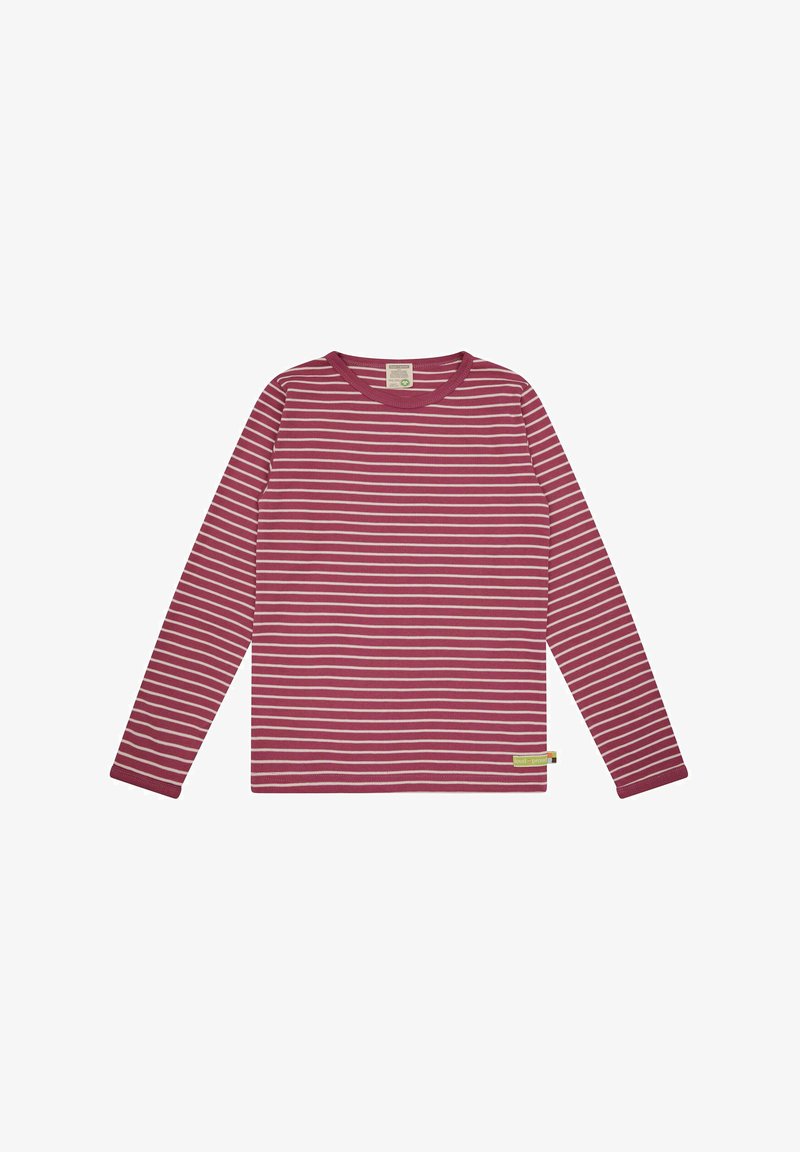 Langarmshirt in Burgunderrot mit weißen horizontalen Streifen. Verfügt über einen Rundhalsausschnitt und ein kleines Etikett unten links. Aus weichem Baumwollmaterial.