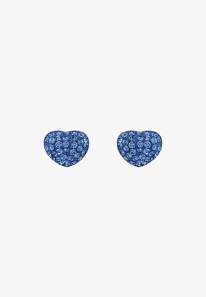 Orecchini a forma di cuore con design di strass blu, dotati di una montatura in metallo lucido e di diverse tonalità di blu nei pietre.