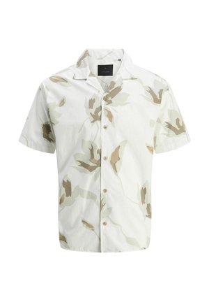 Chemise à manches courtes en beige clair avec un imprimé floral dans des tons de vert et de marron atténués. Dotée d'une fermeture à boutons et d'un col de style camp.