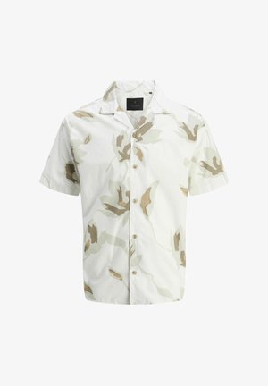 Camisa de manga corta en beige claro con un estampado floral en tonos suaves de verde y marrón. Presenta un cierre frontal de botones y un cuello tipo campamento.
