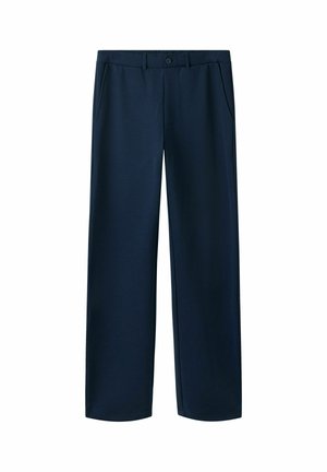 Pantalon bleu marine à jambes droites avec passants de ceinture, fermeture à boutons à l'avant et poches latérales sur fond blanc.