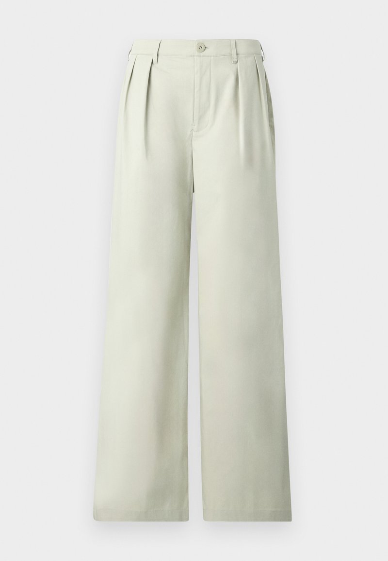 Helle grüne, weit geschnittene Hose aus glattem Stoff, mit Falten, einem Einzelknopf-Bund und einem klaren Schnitt.