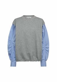 Szürke pulóver kék csíkos pamut ujjakkal, amelyeket vállnál és mandzsettánál gyűrtek össze. Bordázott nyakvonallal és elasztikus szegéllyel a testhezálló megjelenésért.