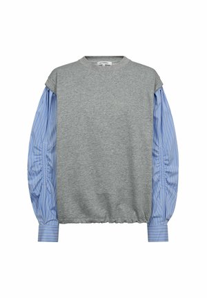 Gray sweatshirt with blue striped cotton sleeves, gathered at the shoulders and cuffs. Ribbed neckline and elastic hem for a fitted look.