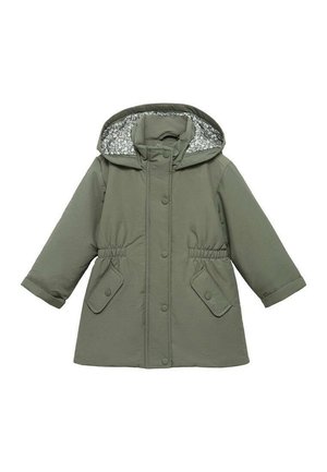 Manteau d'hiver vert à capuche avec doublure intérieure fleurie, taille élastique, fermeture par boutons-pression et deux poches avant à rabat.