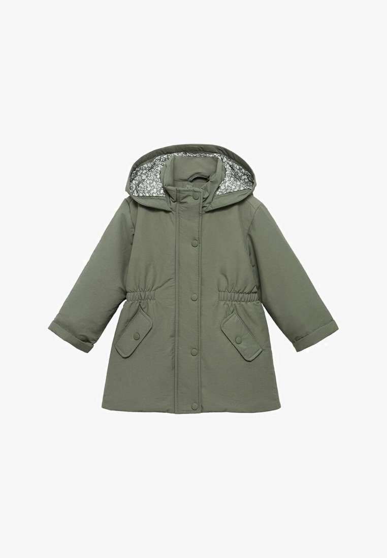 Manteau d'hiver vert à capuche avec doublure intérieure fleurie, taille élastique, fermeture par boutons-pression et deux poches avant à rabat.