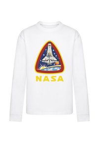 Langarm-T-Shirt in Weiß mit NASA-Logo, stylisiertem Raketen-Design, blauem Hintergrund, gelbem Text und weltraumthematischen Details.