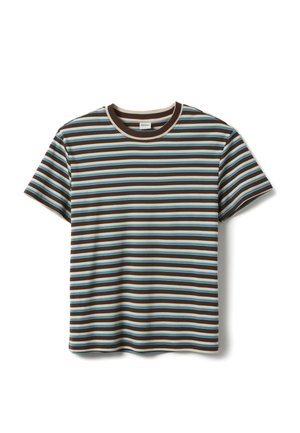 T-shirt met korte mouwen en ronde hals met horizontale strepen in bruin, lichtblauw en beige, plat uitgevouwen op een witte achtergrond.