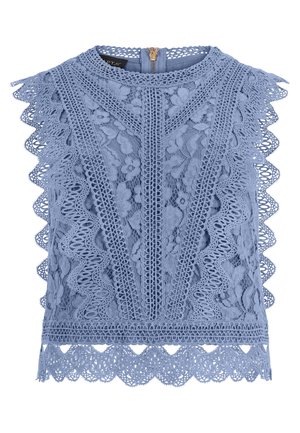 Sleeveless lavender lace top with floral patterns, scalloped edges, and a back zipper closure.