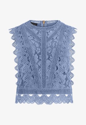 Sleeveless lavender lace top with floral patterns, scalloped edges, and a back zipper closure.