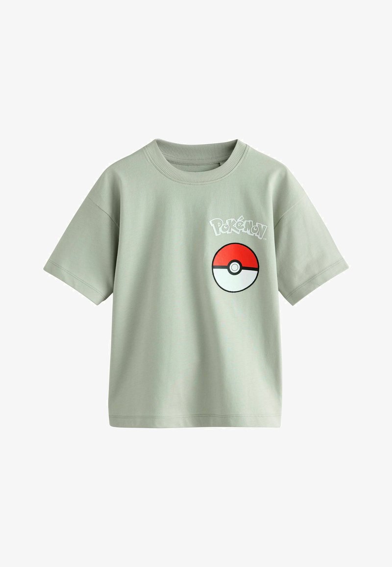 Light green short-sleeve T-shirt made of cotton, featuring a Pokémon logo and a Poké Ball graphic on the left chest area.
