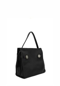 Borsa in pelle nera con finitura testurizzata, dettagli esagonali in argento e una sola maniglia. Presenta una forma strutturata e un design minimal.