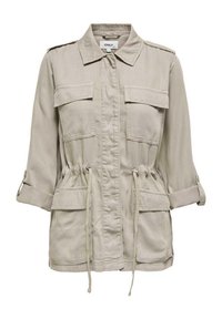 Chaqueta utilitaria de beige claro con cuello, mangas largas, dos bolsillos en el pecho, cintura con cordón y puños de manga enrollados. Material de mezcla de algodón.