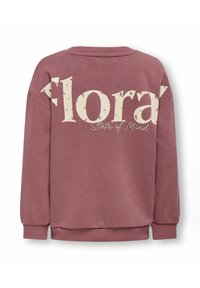 Μαβί φούτερ με ριγωτούς καρπούς και στρίφωμα, που διαθέτει μεγάλη κρέμα γραφή "Floral" με μικρά λουλουδάτα σχέδια και "State of Mind" από κάτω στο πίσω μέρος.