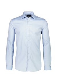 Camicia azzurra a maniche lunghe con bottoni, caratterizzata da un motivo sottile, collo alla francese e polsini regolabili. Realizzata in tessuto morbido con una vestibilità su misura.