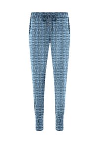 Lichtblauwe joggingsbroek met een geometrisch patroon, verstelbare drawstring tailleband en twee zijzakken. Zacht materiaal met manchetten bij de enkels.