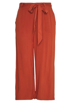 Wijde broek met roestkleurige broekspijpen en een hoge taille, zijzakken, riemlussen en een stoffen ceintuur aan de voorkant.