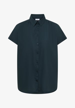 Mørkegrøn bluse med korte ærmer, knapper foran, spids krave og let afrundet kant.