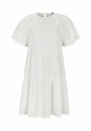 Īsa piedurkne balta kleita, kas izgatavota no acs auduma, ar apaļu kakla izgriezumu, pakāpenisku dizainu un viļņotu malu. Atloka atvērums aizmugurē.