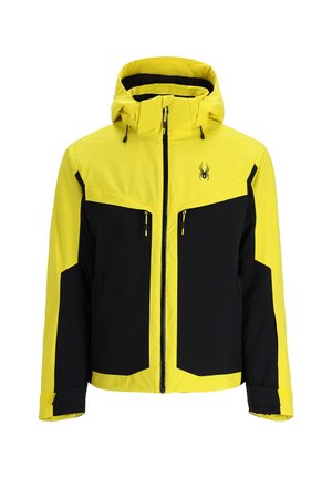 Gelb-schwarze wasserdichte Jacke mit Kapuze, Reißverschluss und zwei Fronttaschen. Mit einem Spinnenlogo auf der Brust.