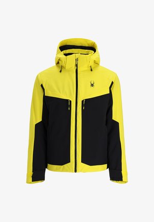 Gelb-schwarze wasserdichte Jacke mit Kapuze, Reißverschluss und zwei Fronttaschen. Mit einem Spinnenlogo auf der Brust.