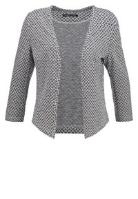 Šedý vzorovaný cardigan se třičtvrtinovými rukávy, otevřeným předním designem, texturovanou tkaninou a geometrickým potiskem v kontrastní bílé barvě.