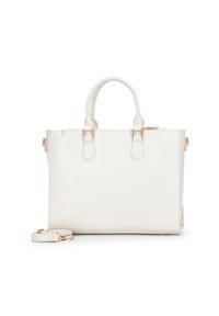Sac à main en cuir blanc avec des poignées supérieures doubles, une bandoulière ajustable et détachable, et des finitions en métal doré sur fond blanc.