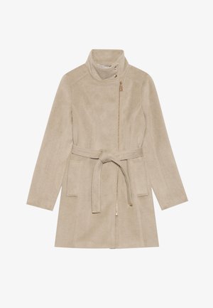 Beige, belted coat with a high collar, made of soft fabric. Features a zip pocket and sleek design with long sleeves and minimal stitching.