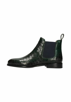 Botte Chelsea en cuir imprimé crocodile vert foncé avec des panneaux latéraux élastiques, bout rond et tirette au talon. Semelle noire.