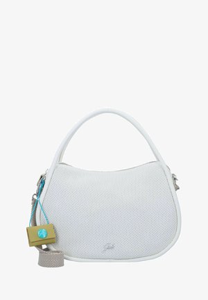 Borsa bianca con materiale perforato, forma curva e manico liscio. Presenta un accento turchese e un'etichetta piccola color crema. Chiusura a zip.