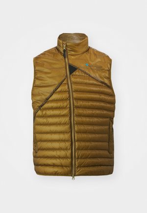 Brown insulated vest with a high collar, diagonal black panel, and zip closure. Features quilted texture and minimal branding.