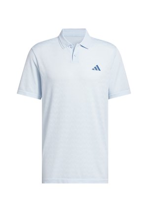 Hellblaues Polohemd mit kurzen Ärmeln, Kragen, Zwei-Knopf-Leiste und kleinem dunkelblauem Adidas-Logo auf der linken Brust.