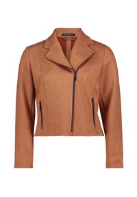 Cropped jacket in rust-colored suede with a notched collar, asymmetrical front zipper, and two zippered side pockets. Smooth texture.