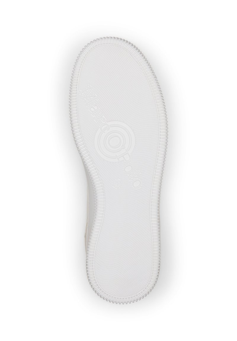 Biała gumowa podeszwa z teksturowanym wzorem i okrągłym logo. Posiada żebrowane krawędzie dla lepszej przyczepności i stabilności. Rozmiar 37 zaznaczony.