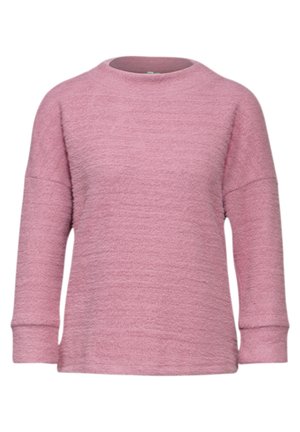 Rosa Fleece-Pullover mit rundem Ausschnitt, überschnittenen Schultern und langen Ärmeln. Hat eine strukturierte Oberfläche und gerippte Bündchen.