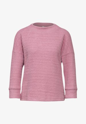 Rosa Fleece-Pullover mit rundem Ausschnitt, überschnittenen Schultern und langen Ärmeln. Hat eine strukturierte Oberfläche und gerippte Bündchen.