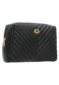 Borsa cosmetica in pelle nera con design a zig zag trapuntato, accentuata da un logo dorato e chiusura con cerniera. Presenta una finitura liscia e una texture morbida.
