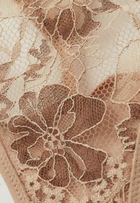 Lingerie en dentelle couleur brun clair avec des motifs floraux et des détails en mailles fines, présentant un fil crème contrastant délimitant les fleurs.