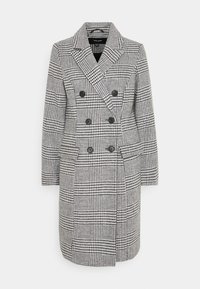 Doppelreihiger Mantel aus schwarz-weiß kariertem Stoff mit Reverskragen, zwei Vordertaschen und schwarzen Knöpfen.