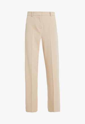 Beige maßgeschneiderte Hose aus glattem Stoff, mit geradem Beinanschnitt, seitlichen Taschen und Bügelfalten auf der Vorderseite.