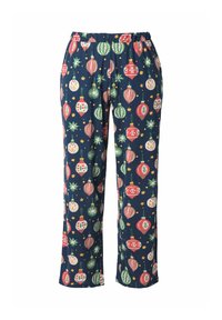 Pantalones de pijama azul marino con cinturilla elástica, decorados con patrones de adornos navideños vintage en rojo, verde y blanco.